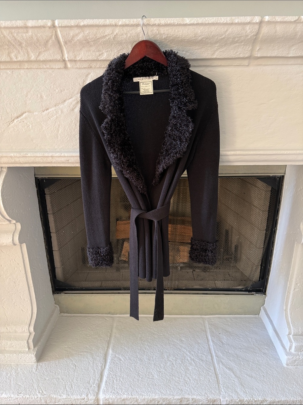 Black Faux Fur Trim Knit Wrap Cardigan